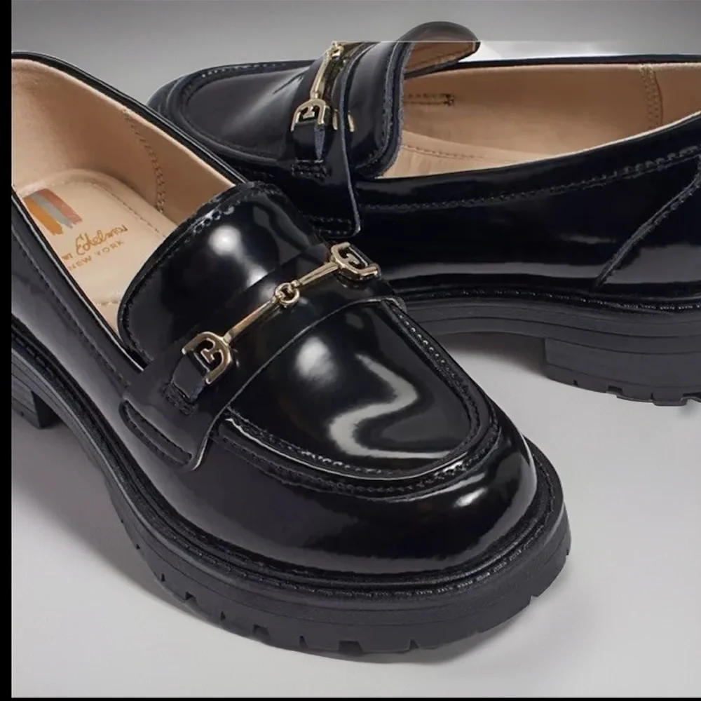 Sam Edelman LEATHER KID TULLY LUG SOLE LOAFER Black Box W/Gold Chain Decorative